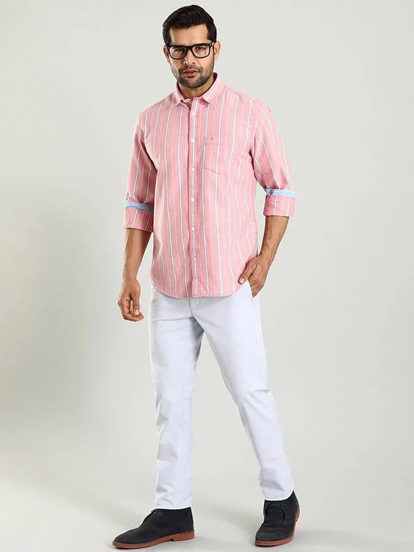 Indian Terrain Men's Regular Fit Full Sleeve Striped Pink Shirt
